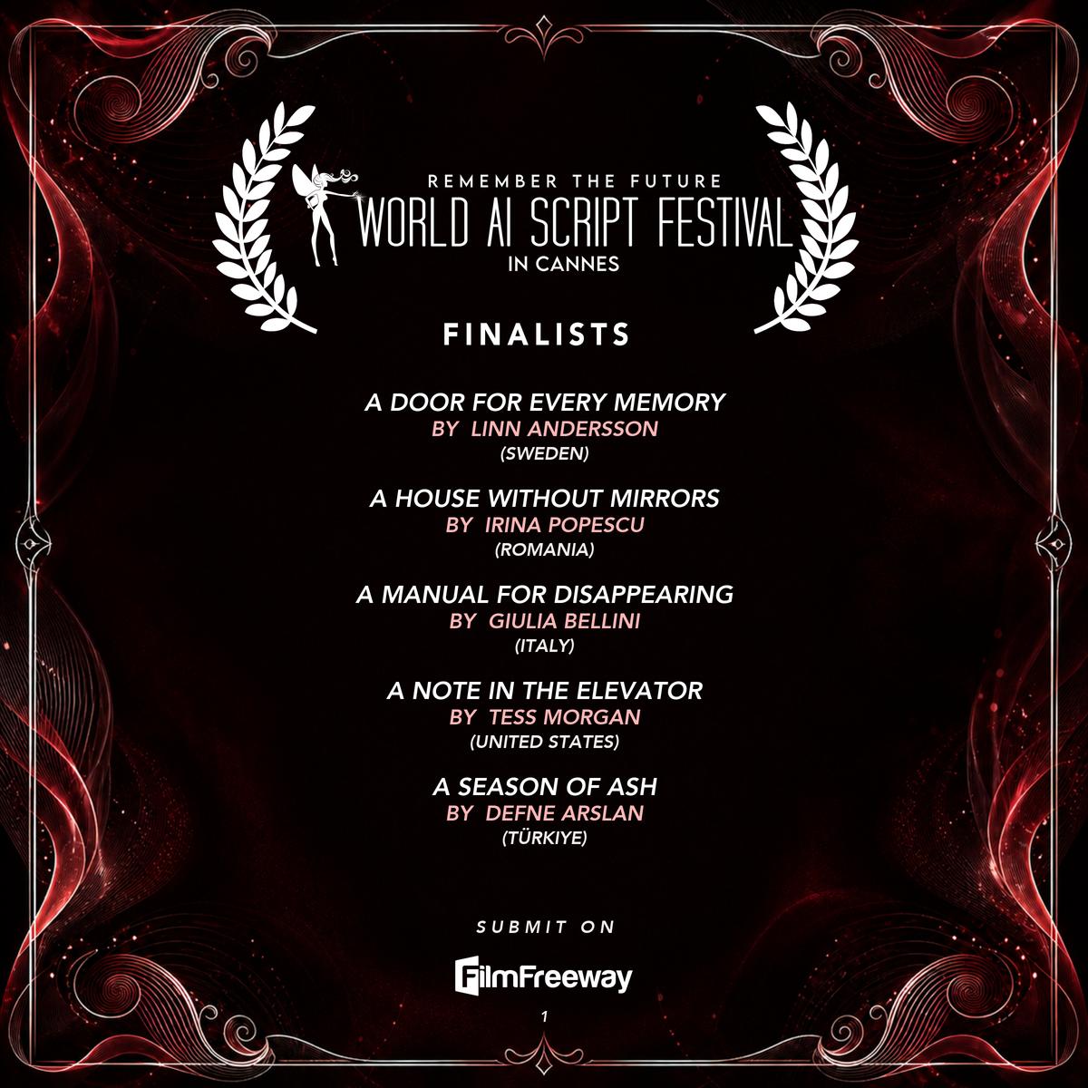 Finalistes de septembre 2026 du World AI Script Festival in Cannes — visuel 1 sur 14 : A Door for Every Memory, A House Without Mirrors, A Manual for Disappearing, A Note in the Elevator, A Season of Ash