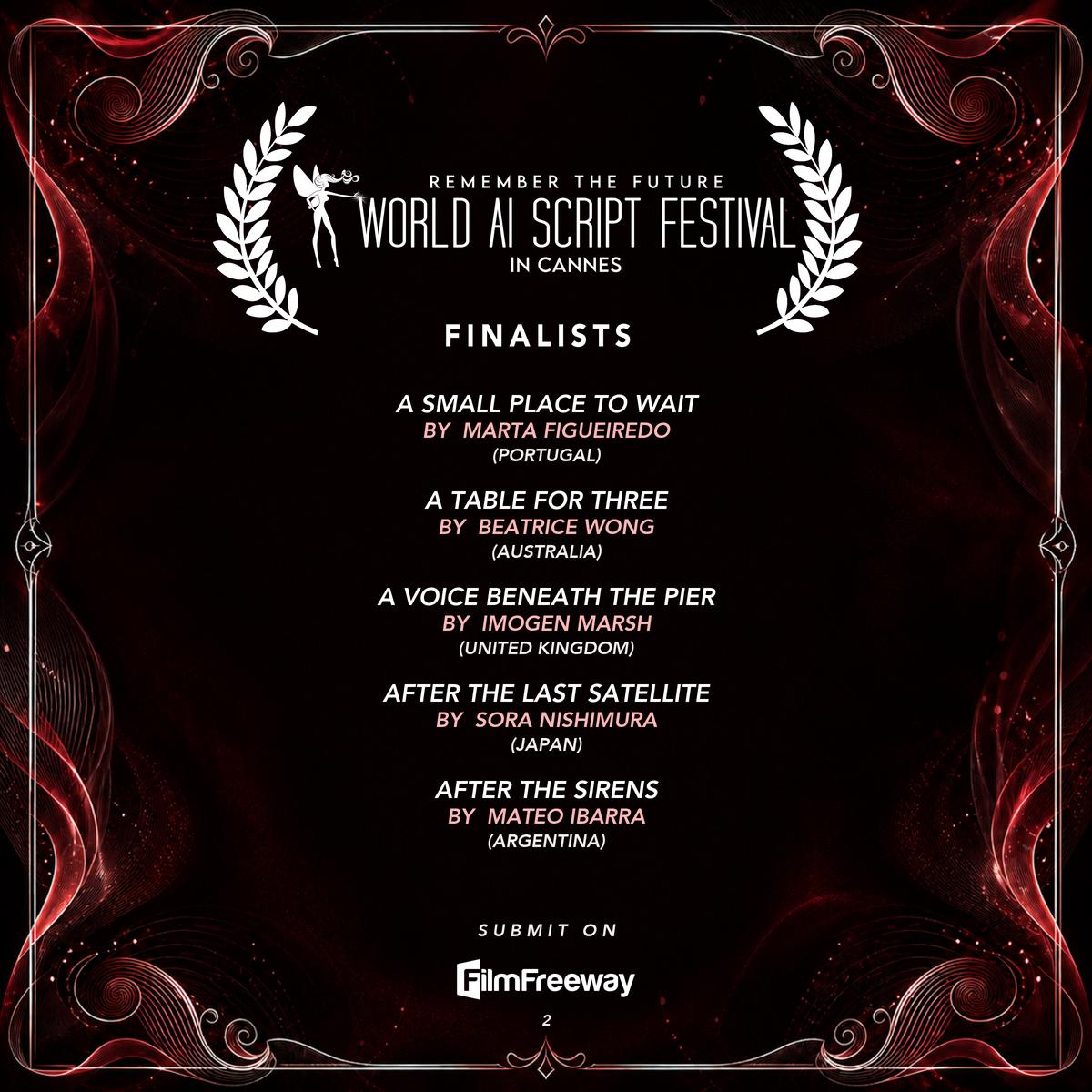 Finalistes de septembre 2026 du World AI Script Festival in Cannes — visuel 2 sur 14 : A Small Place to Wait, A Table for Three, A Voice Beneath the Pier, After the Last Satellite, After the Sirens