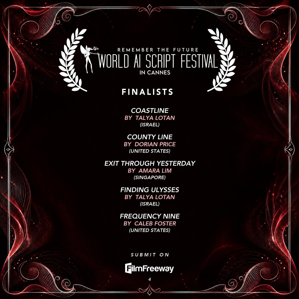 Finalistes de septembre 2026 du World AI Script Festival in Cannes — visuel 4 sur 14 : COASTLINE, County Line, Exit Through Yesterday, Finding Ulysses, Frequency Nine