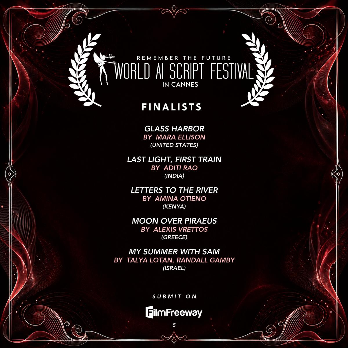 Finalistes de septembre 2026 du World AI Script Festival in Cannes — visuel 5 sur 14 : Glass Harbor, Last Light, First Train, Letters to the River, Moon over Piraeus, My Summer with Sam