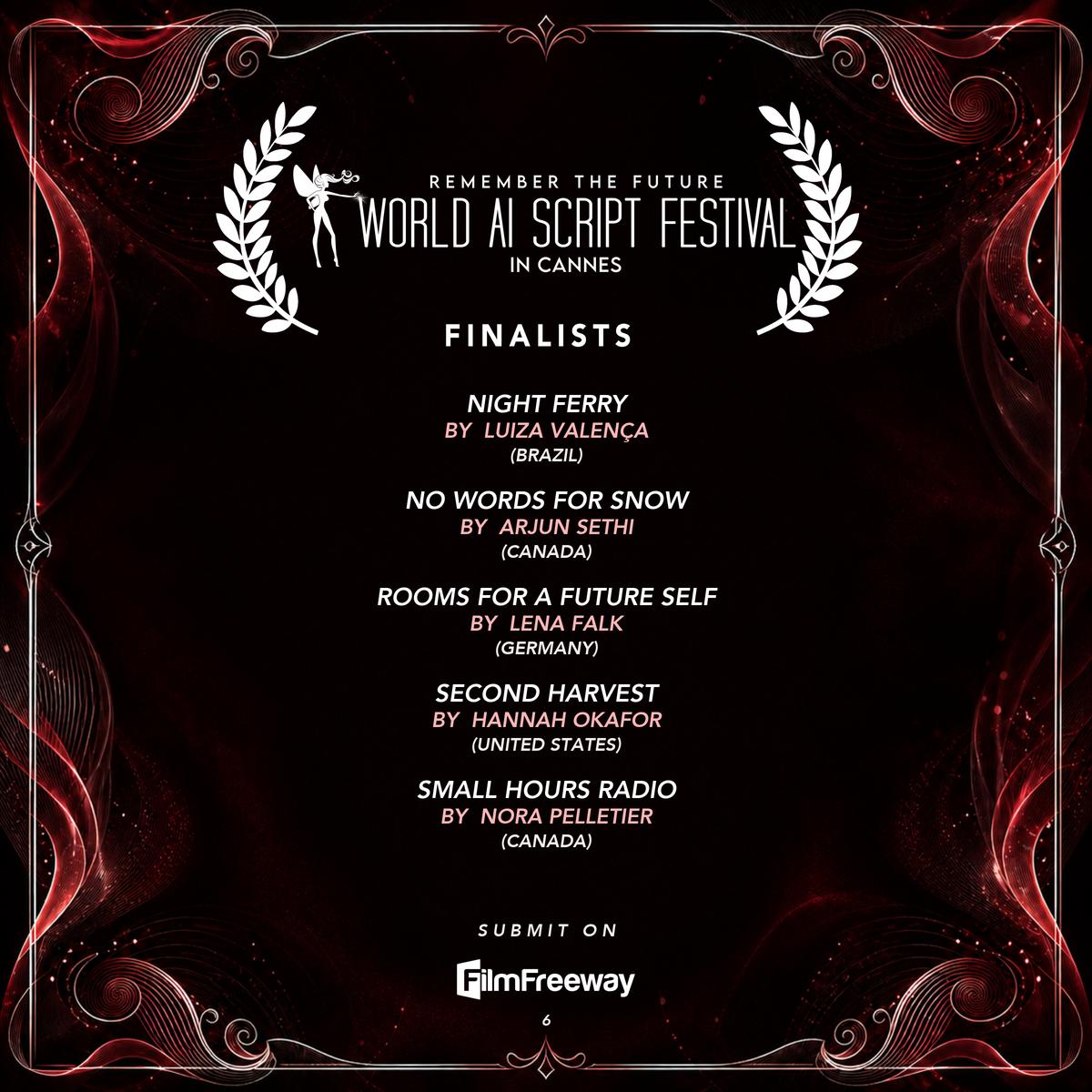 Finalistes de septembre 2026 du World AI Script Festival in Cannes — visuel 6 sur 14 : Night Ferry, No Words for Snow, Rooms for a Future Self, Second Harvest, Small Hours Radio