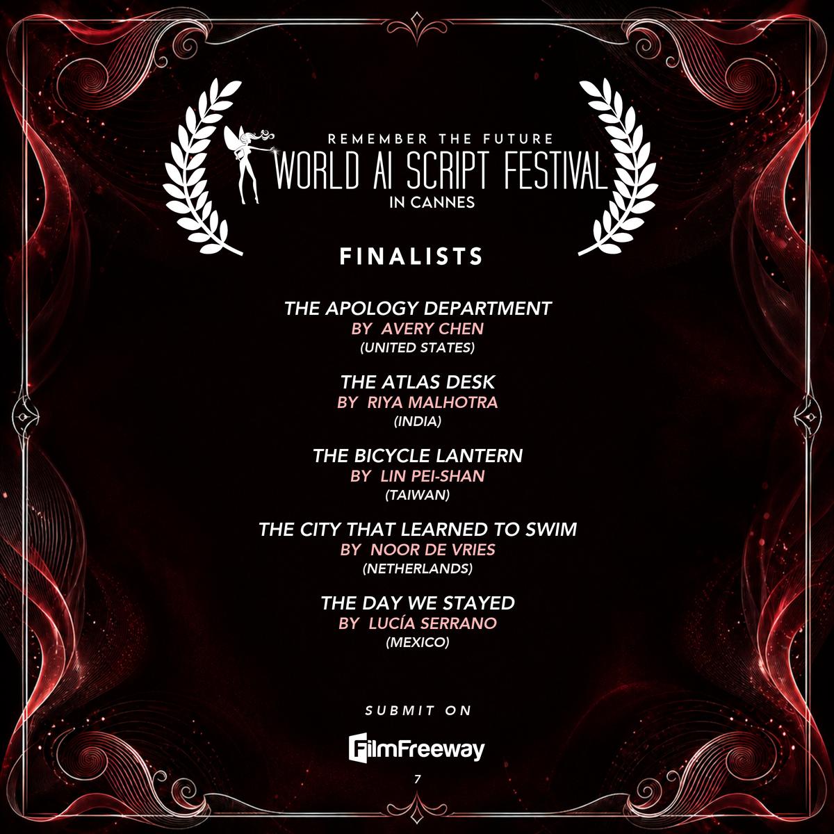 Finalistes de septembre 2026 du World AI Script Festival in Cannes — visuel 7 sur 14 : The Apology Department, The Atlas Desk, The Bicycle Lantern, The City That Learned to Swim, The Day We Stayed