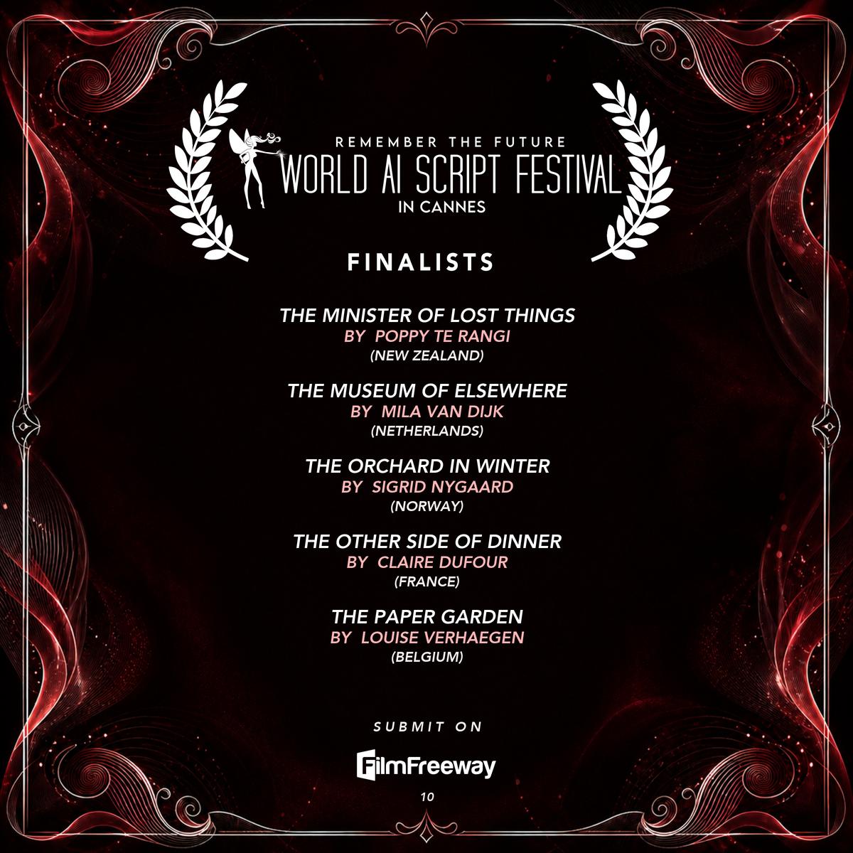 Finalistes de septembre 2026 du World AI Script Festival in Cannes — visuel 10 sur 14 : The Minister of Lost Things, The Museum of Elsewhere, The Orchard in Winter, The Other Side of Dinner, The Paper Garden