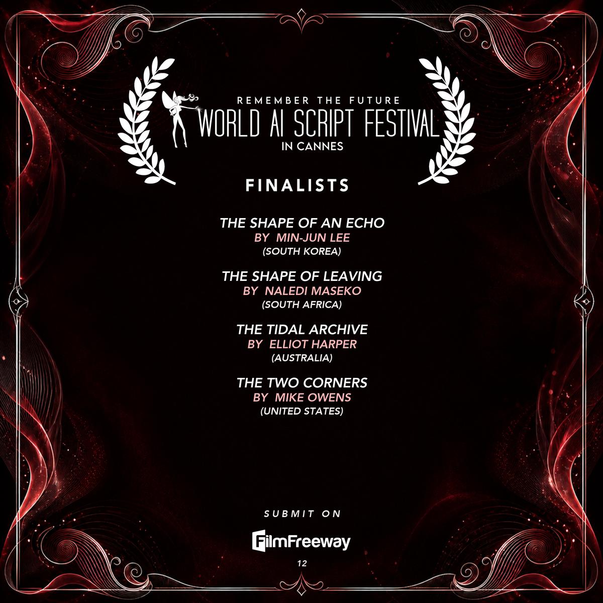 Finalistes de septembre 2026 du World AI Script Festival in Cannes — visuel 12 sur 14 : The Shape of an Echo, The Shape of Leaving, The Tidal Archive, THE TWO CORNERS