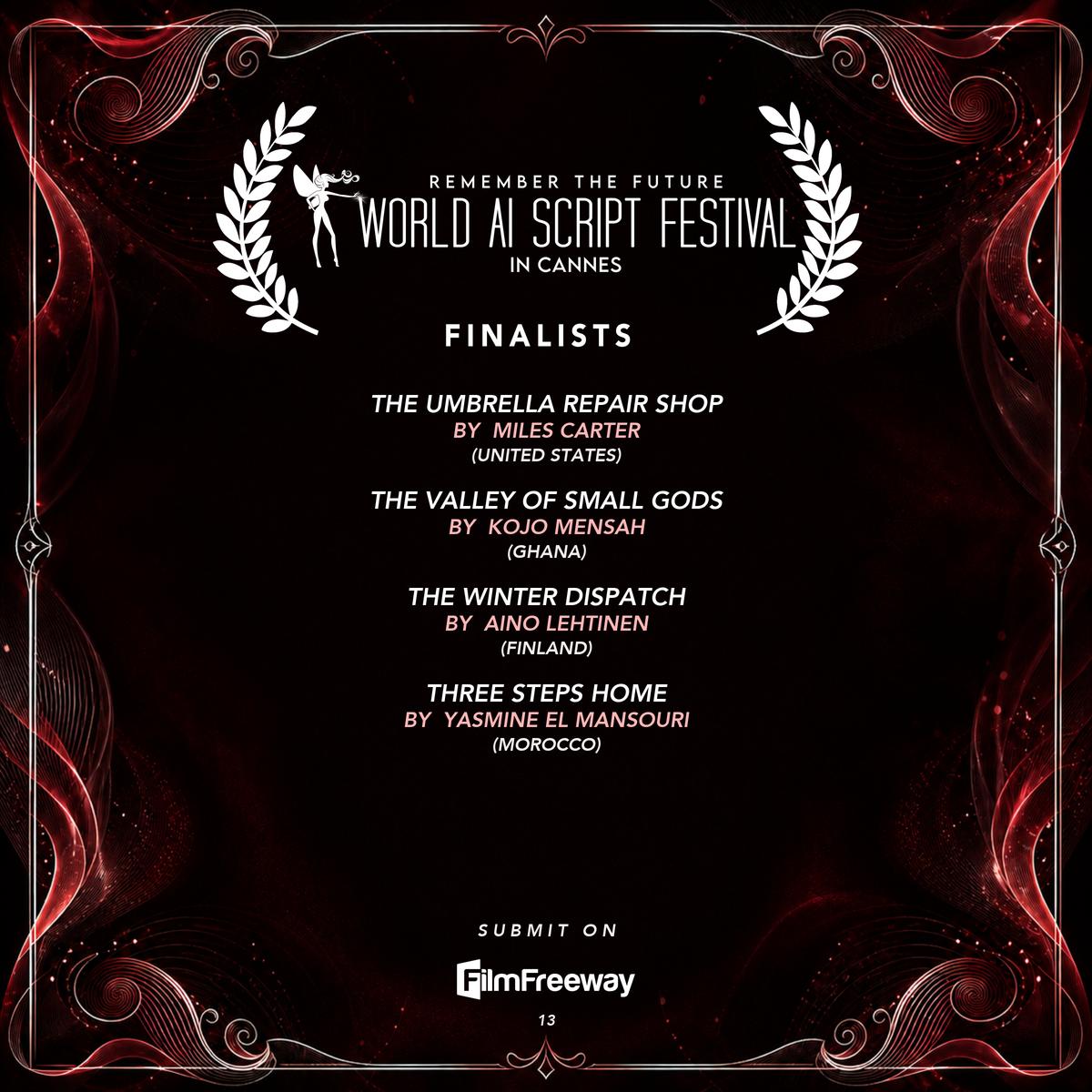 Finalistes de septembre 2026 du World AI Script Festival in Cannes — visuel 13 sur 14 : The Umbrella Repair Shop, The Valley of Small Gods, The Winter Dispatch, Three Steps Home